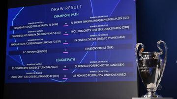 NYON, SWITZERLAND - AUGUST 2: The result of the UEFA Champions League 2022/23 Play-offs Round Draw is displayed on the screen at the UEFA headquarters, The House of European Football, on August 2, 2022, in Nyon, Switzerland. (Photo by Kristian Skeie - UEFA/UEFA via Getty Images)