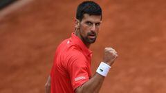 El tenista serbio Novak Djokovic celebra su victoria ante Diego Schwartzman en los octavos de final de Roland Garros.
