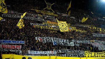 Supporters of Dortmund displaying banners prior to the German First division Bundesliga football match between Borussia Dortmund and RB Leipzig