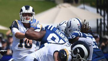 Sep 10, 2017; Los Angeles, CA, USA; Los Angeles Rams quarterback Jared Goff (16) throws a pass against the Indianapolis Colts in the first half of a NFL football game at Los Angeles Memorial Coliseum. Mandatory Credit: Richard Mackson-USA TODAY Sports