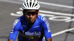 Nairo Quintana durante una competencia de ciclismo de ruta representando a Colombia.