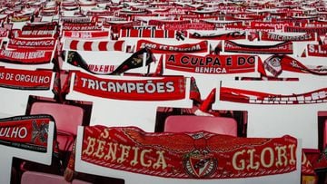 Soccer Football - Primeira Liga - Benfica v Tondela - Estadio da Luz, Lisbon, Portugal - June 4, 2020.  Fans scarfs are placed in the stands before the match, as play resumes behind closed doors following the outbreak of the coronavirus disease (COVID-19)