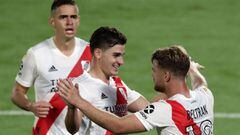 River Plate&#039;s forward Lucas Beltran (R) celebrates with his teammates River Plate&#039;s Colombian forwards Rafael Borre (L) and Julian Alvarez after scoring a goal against Colon during their Argentine Professional Football League match at the Monume