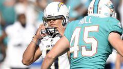 CARSON, CA - SEPTEMBER 17: Younghoe Koo #9 of the Los Angeles Chargers reacts after missing the game winning field goal against Miami Dolphins at the StubHub Center September 17, 2017, in Carson, California.   Kevork Djansezian/Getty Images/AFP == FOR NEWSPAPERS, INTERNET, TELCOS &amp; TELEVISION USE ONLY ==