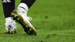 A photo shows Argentina's forward #10 Lionel Messi's shoes during the Qatar 2022 World Cup round of 16 football match between Argentina and Australia at the Ahmad Bin Ali Stadium in Al-Rayyan, west of Doha on December 3, 2022. (Photo by FRANCK FIFE / AFP) (Photo by FRANCK FIFE/AFP via Getty Images)