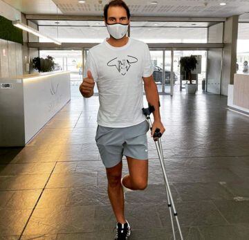 Rafa Nadal on crutches in September.