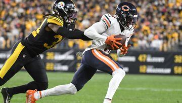 Nov 8, 2021; Pittsburgh, Pennsylvania, USA;  Chicago Bears wide receiver Darnell Mooney (11) is tackled by Pittsburgh Steelers safety Terrell Edmunds (34) during a five-yard gain in the fourth quarter at Heinz Field. 