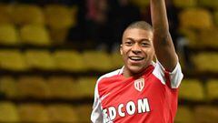 (FILES) This file photo taken on February 11, 2017 shows Monaco&#039;s French forward Kylian Mbappe Lottin celebrating after scoring a goal during the French Ligue 1 football match between AS Monaco and Metz (FCM) at the Louis II Stadium in Monaco.  