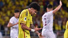 Colombia's forward Luis Diaz reacts after scoring a goal that was later disallowed during the 2026 FIFA World Cup South American qualifiers football match between Colombia and Venezuela at the Roberto Melendez Metropolitan stadium in Barranquilla, Colombia, on September 7, 2023. (Photo by Juan BARRETO / AFP)