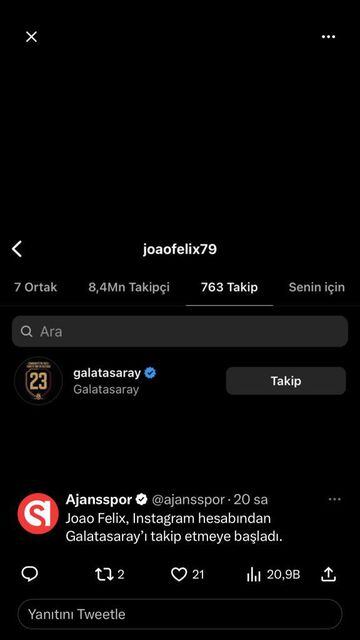 La captura de pantalla del follow de João al Galatasaray.