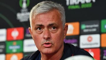 In this handout image provided by UEFA on May 24, 2022, Roma&#039;s Portuguese head coach Jose Mourinho holds a press conference at the National Arena in Tirana on the eve of the UEFA Europa Conference League final football match between AS Roma and Feyen