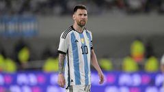 Argentina's forward Lionel Messi gestures during the friendly football match between Argentina and Panama at the Monumental stadium in Buenos Aires on March 23, 2023. (Photo by JUAN MABROMATA / AFP)