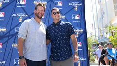 LOS ANGELES, CA - JULY 18:  Clayton Kershaw #22 of the Los Angeles Dodgers and Shane McClanahan #18 of the Tampa Bay Rays pose for a photo after the All-Star Press Conference at Dodger Stadium on Monday, July 18, 2022 in Los Angeles, California. (Photo by Rob Tringali/MLB Photos via Getty Images)