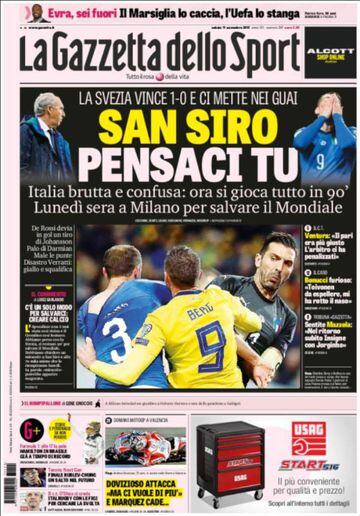 La portada de La Gazzetta dello Sport tras la derrota italiana contra Suecia.