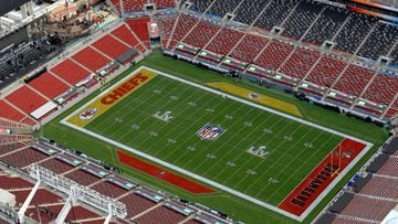 TAMPA, FLORIDA - JANUARY 31: An aerial view of Raymond James Stadium ahead of Super Bowl LV on January 31, 2021 in Tampa, Florida.   Mike Ehrmann/Getty Images/AFP == FOR NEWSPAPERS, INTERNET, TELCOS &amp; TELEVISION USE ONLY ==