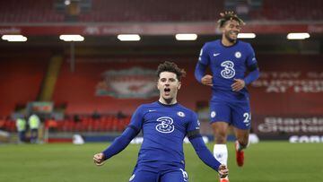 LIVERPOOL, ENGLAND - MARCH 04: Mason Mount of Chelsea celebrates after scoring his team&#039;s first goal during the Premier League match between Liverpool and Chelsea at Anfield on March 04, 2021 in Liverpool, England. Sporting stadiums around the UK rem