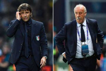 Italy's coach Antonio Conte (L), and Spain's coach Vicente Del Bosque i