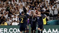 Pasadena (United States), 24/07/2023.- Real Madrid midfielder Federico Valverde (R) reacts after scoring during the second half of the friendly match between Real Madrid and AC Milan at Rose Bowl Stadium in Pasadena, California, USA, 23 July 2023. (Futbol, Amistoso) EFE/EPA/ETIENNE LAURENT
