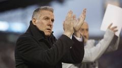 FILE - In this March 24, 2018, file photo, Sporting Kansas City&#039;s Peter Vermes acknowledges fans as he takes the pitch to lead his team against the Colorado Rapids in an MLS soccer match in Commerce City, Colo.  Sporting Kansas City manager and technical director Peter Vermes has signed a contract extension that could keep him with the Major League Soccer club through the 2023 season. Sporting KC announced the deal in a statement Monday, May 7, 2018. (AP Photo/David Zalubowski, File)