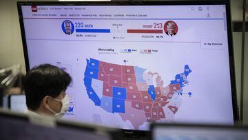 TOKYO, JAPAN - NOVEMBER 04: A foreign exchange trader monitors screens as results are broadcast from the United States election, on November 4, 2020 in Tokyo, Japan. After a record-breaking early voting turnout, Americans head to the polls on the last day