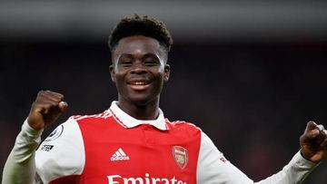 LONDON, ENGLAND - JANUARY 22: Bukayo Saka of Arsenal celebrates at the full time whistle during the Premier League match between Arsenal FC and Manchester United at Emirates Stadium on January 22, 2023 in London, England. (Photo by David Price/Arsenal FC via Getty Images)