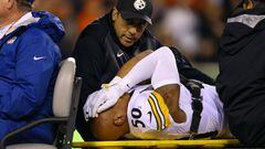 Dec 4, 2017; Cincinnati, OH, USA; Pittsburgh Steelers inside linebacker Ryan Shazier (50) is carted off the field during a stop in play against the Cincinnati Bengals in the first half at Paul Brown Stadium. Mandatory Credit: Aaron Doster-USA TODAY Sports