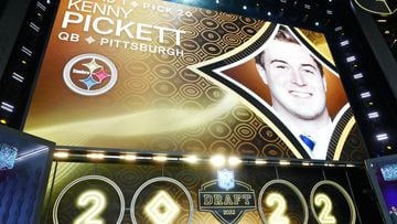 Apr 28, 2022; Las Vegas, NV, USA; Pittsburgh quarterback Kenny Pickett is announced as the twentieth overall pick to the Pittsburgh Steelers during the first round of the 2022 NFL Draft at the NFL Draft Theater. Mandatory Credit: Kirby Lee-USA TODAY Sports