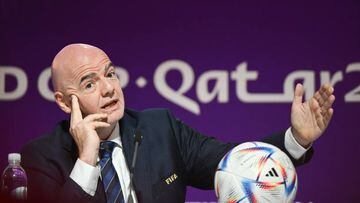 19 November 2022, Qatar, Al-Rajjan: Soccer, preparation for the World Cup in Qatar, FIFA press conference, FIFA President Gianni Infantino speaks at a PK. Photo: Robert Michael/dpa (Photo by Robert Michael/picture alliance via Getty Images)