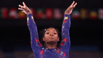 Simone Biles after competing on balance beam during Women&#039;s Qualification on day two of the Tokyo 2020 Olympic Games.