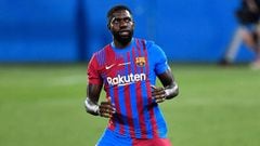 (FILES) In this file photo taken on August 8, 2021 Barcelona&#039;s French defender Samuel Umtiti enters the pitch during the 56th Joan Gamper Trophy friendly football match between Barcelona and Juventus at the Johan Cruyff Stadium in Sant Joan Despi nea
