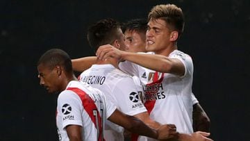 LA PLATA, ARGENTINA - APRIL 07: Federico Girotti of River Plate celebrates with teammates after scoring his team&#039;s first goal during a match between River Plate and Atletico Tucuman as part of Round of 64 of Copa Argentina 2021 at Estadio Ciudad de La Plata on April 7, 2021 in La Plata, Argentina. (Photo by Daniel Jayo/Getty Images)
