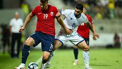 Norway's forward #19 Alexander Sorloth (L) and Cyprus' midfielder #08 Ioannis Kousoulos (R) vie for the ball during the UEFA Euro 2024 group A qualification football match between Cyprus and Norway at the AEK Arean in Larnaca, Cyprus, on October 12, 2023. (Photo by Jewel SAMAD / AFP)