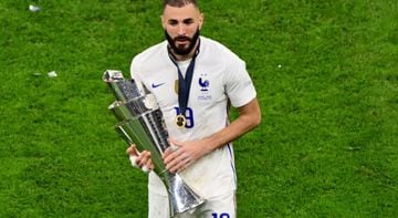 France's Karim Benzema celebrates with the trophy after Les Bleus won the 2020/21 Nations League.