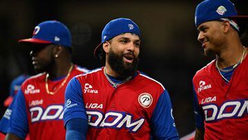 Dominican players celebrate after winning the Caribbean Series semifinal baseball game between the Dominican Republic and Panama at LoanDepot Park in Miami, Florida, on February 8, 2024. (Photo by Chandan Khanna / AFP)