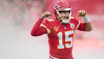 KANSAS CITY, MO - JANUARY 21: Patrick Mahomes #15 of the Kansas City Chiefs celebrates as he is introduced before kickoff against the Jacksonville Jaguars at GEHA Field at Arrowhead Stadium on January 21, 2023 in Kansas City, Missouri. (Photo by Cooper Neill/Getty Images)