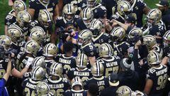 Jan 13, 2019; New Orleans, LA, USA; New Orleans Saints quarterback Drew Brees (9) huddles with teammates before a NFC Divisional playoff football game against the Philadelphia Eagles at Mercedes-Benz Superdome. Mandatory Credit: Chuck Cook-USA TODAY Sport