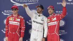 Hamilton flanqueado por Raikkonen y Vettel tras la clasificación del GP de Gran Bretaña.