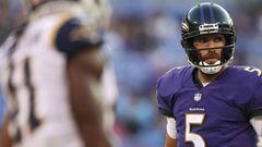 BALTIMORE, MD - AUGUST 09: Quarterback Joe Flacco #5 of the Baltimore Ravens looks on against the Los Angeles Rams in the first half during a preseason game at M&amp;T Bank Stadium on August 9, 2018 in Baltimore, Maryland.   Patrick Smith/Getty Images/AFP == FOR NEWSPAPERS, INTERNET, TELCOS &amp; TELEVISION USE ONLY ==