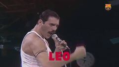 Captura del v&iacute;deo montaje del FC Barcelona en el que aparece Freddie Mercury gritando &quot;Leo&quot; durante el memorable concierto de Queen en Wembley en 1985.