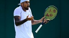 Nick Kyrgios in action during his first round match against Britain's Paul Jubb.
