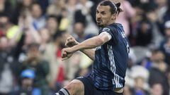 LA Galaxy&#039;s Zlatan Ibrahimovic celebrates after scoring a goal against the Vancouver Whitecaps during the second half of an MLS soccer match Friday, April 5, 2019, in Vancouver, British Columbia. (Darryl Dyck/The Canadian Press via AP)