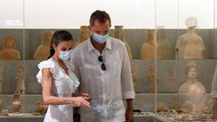 Spanish King Felipe VI and Queen Letizia Ortiz at Monographic Museum and Necropolis of &quot;Puig des Molins&quot; during a visit to Ibiza on occasion of their stay on Balearic islands in Ibiza on Monday, 17 August 2020.
