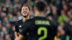 GLASGOW, SCOTLAND - SEPTEMBER 06: Eden Hazard celebrates making it 3-0 during a UEFA Champions League match between Celtic and Real Madrid at Celtic Park, on September 06, 2022, in Glasgow, Scotland.  (Photo by Alan Harvey/SNS Group via Getty Images)