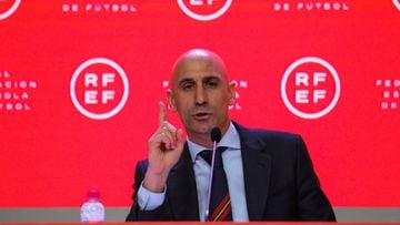 Luis Rubiales, President of RFEF (Real Spanish Soccer Federation) and Andreu Camps i Povill, General Secretary of RFEF (Real Spanish Soccer Federation) during press conference at Ciudad del Futbol on April 20, 2022 in Las Rozas, Madrid, Spain.
 Irina R. H