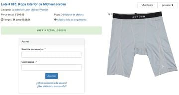 Captura de la subasta de la ropa interior de Michael Jordan.