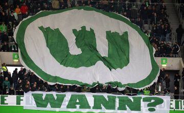 Wolfsburg supporters display a huge club logo during the German Bundesliga soccer match between VfL Wolfsburg and FC Bayern Munich in Wolfsburg