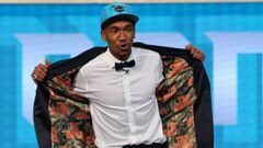 Jun 22, 2017; Brooklyn, NY, USA; Malik Monk (Kentucky) shows off the inside of his suit jacket as he is introduced as the number eleven overall pick to the Charlotte Hornets in the first round of the 2017 NBA Draft at Barclays Center. Mandatory Credit: Brad Penner-USA TODAY Sports