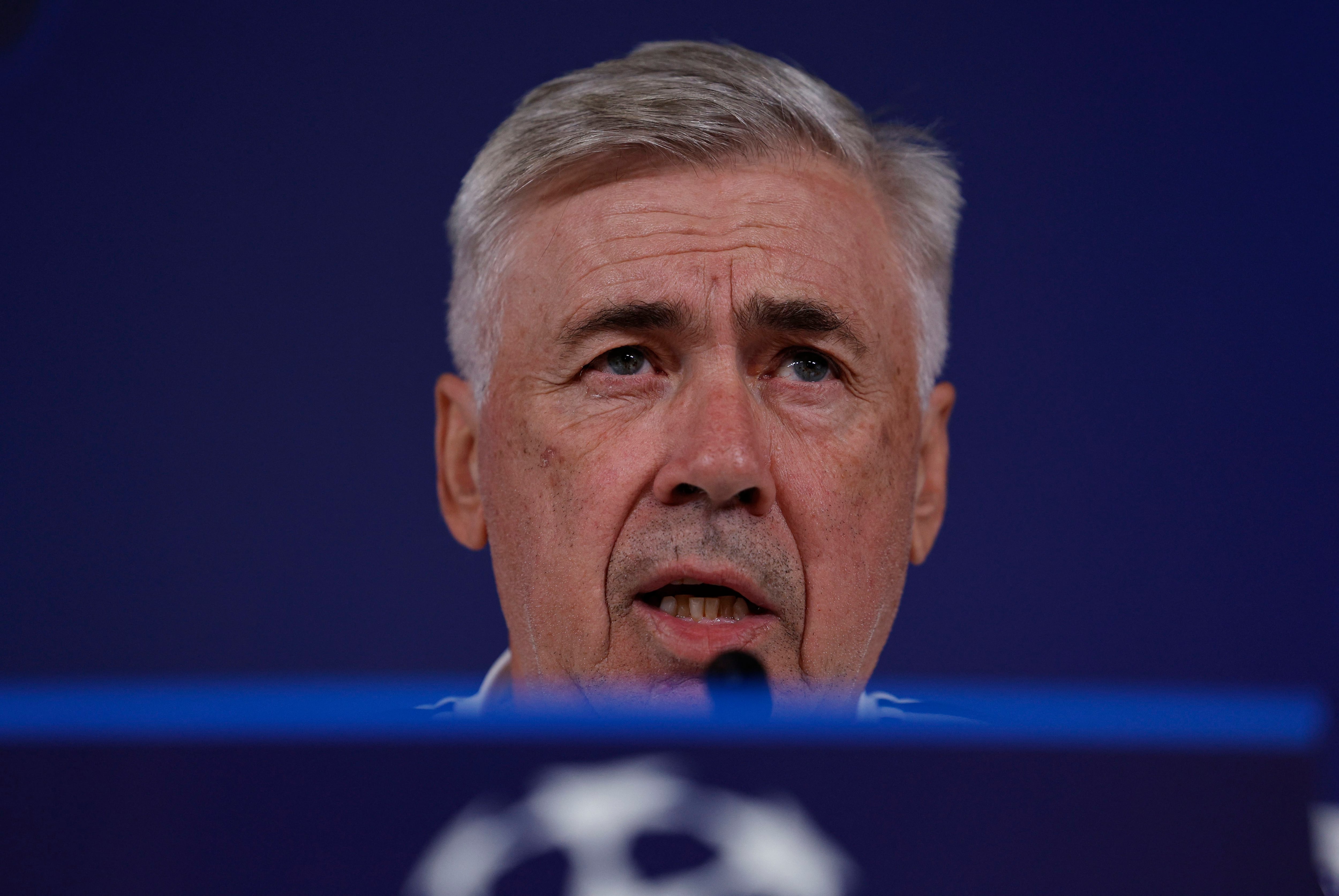 Soccer Football - Champions League - Real Madrid Press Conference - Ciudad Real Madrid, Madrid, Spain - October 4, 2022 Real Madrid coach Carlo Ancelotti during a press conference REUTERS/Susana Vera