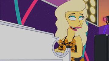 Temporada 23, capítulo 508, "Lisa goes Gaga". Caracterizada por Los Simpson en dos ocasiones, en este la artista visita Springfield.