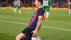 Barcelona's Polish forward Robert Lewandowski celebrates scoring his team's second goal during the Spanish league football match between FC Barcelona and Real Betis at the Camp Nou stadium in Barcelona on April 29, 2023. (Photo by Josep LAGO / AFP)